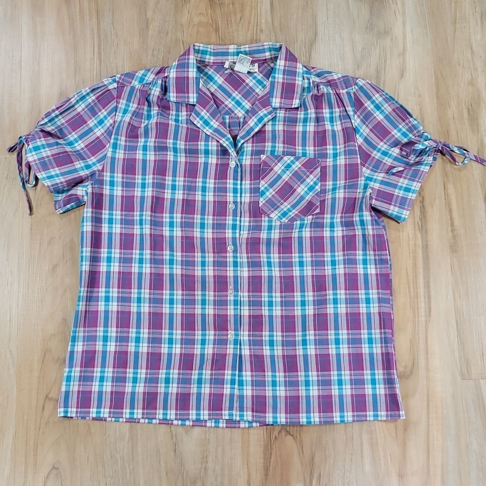 💜Vintage Mervyn's For Her Blue & Purple Plaid Buttoned Short Sleeve Top Size 16